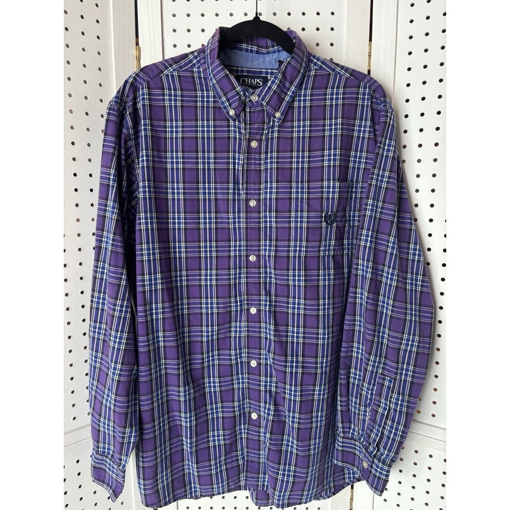 Men's XL CHAPS Easy Care Long Sleeve Button Down Shirt Purple Blue Plaid